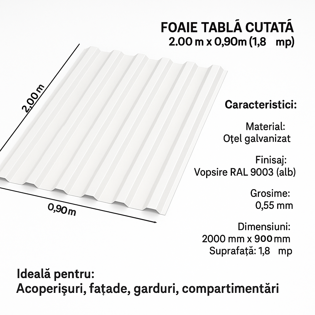 1 Foaie tablă 2m x 0,90 m/1,8mp RAL - 9003 (grosime - 0.55)