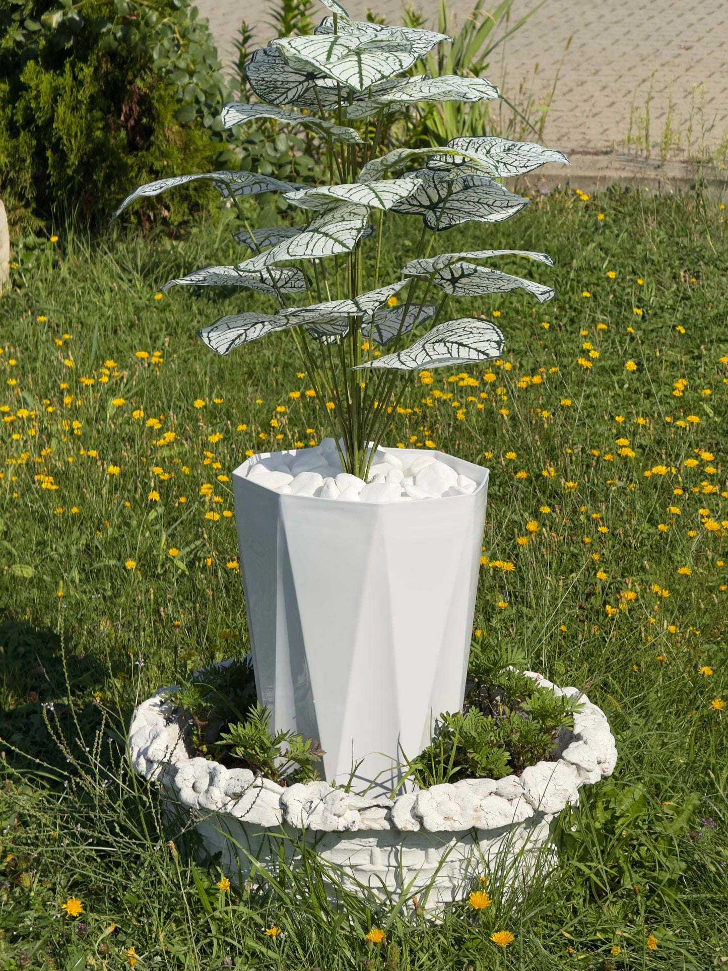 Combinație de plante artificiale cu frunze albe si mari , prezentate într-un ghiveci modern cu pietriș