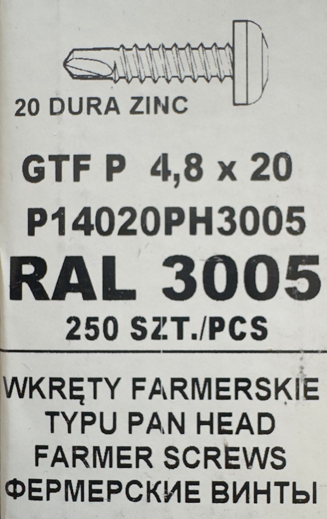 Set 250 Șuruburi autoforante pentru țiglă metalică/tablă GTF P 4,8 × 20 P14020PH3005 RAL 3005