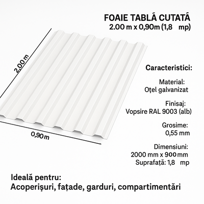 1 Foaie tablă 2m x 0,90 m/1,8mp RAL - 9003 (grosime - 0.55)