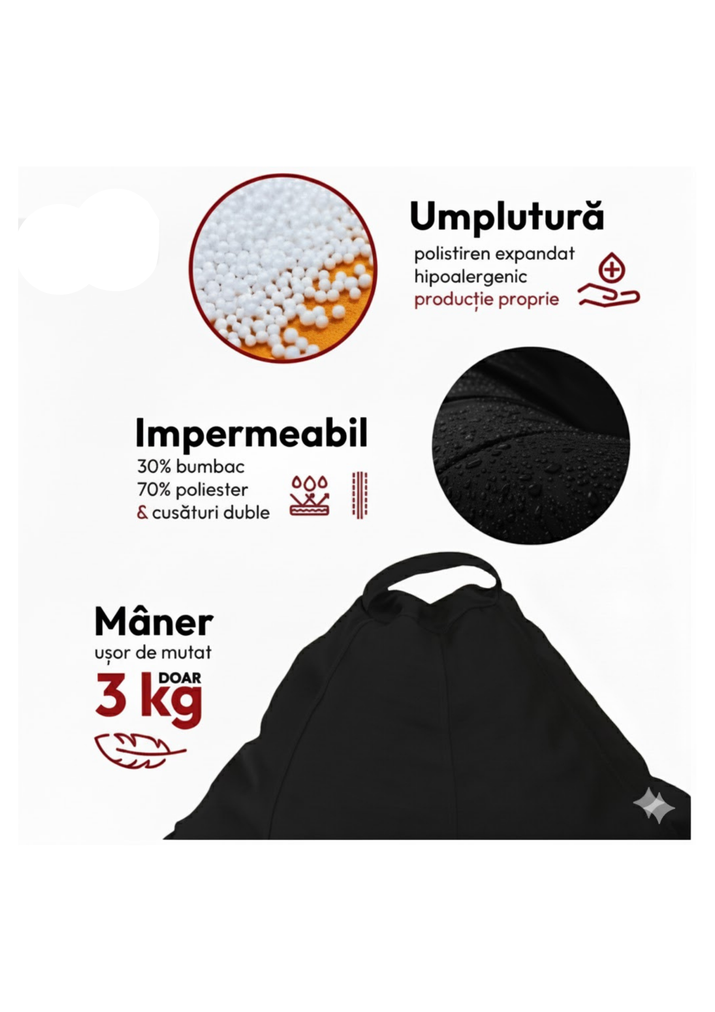 Fotoliu puf, tip pară, negru, umplut cu perle din polistiren, utilizabil în interior/exterior, husă detașabilă, Bean Bag Montana