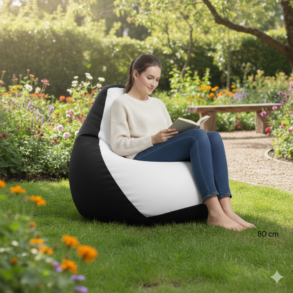 Fotoliu puf, tip pară, alb și negru, umplut cu perle din polistiren, utilizabil în interior/exterior, husă detașabilă, Bean Bag Montana