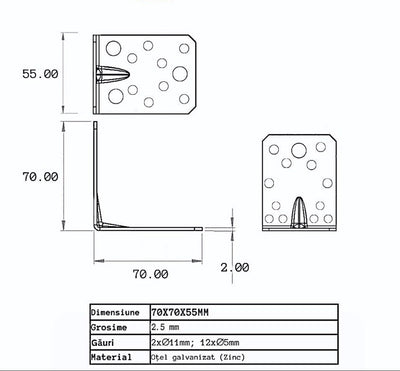 Vinclu 90 grade 70x70x55mm (grosime 2.5 mm )