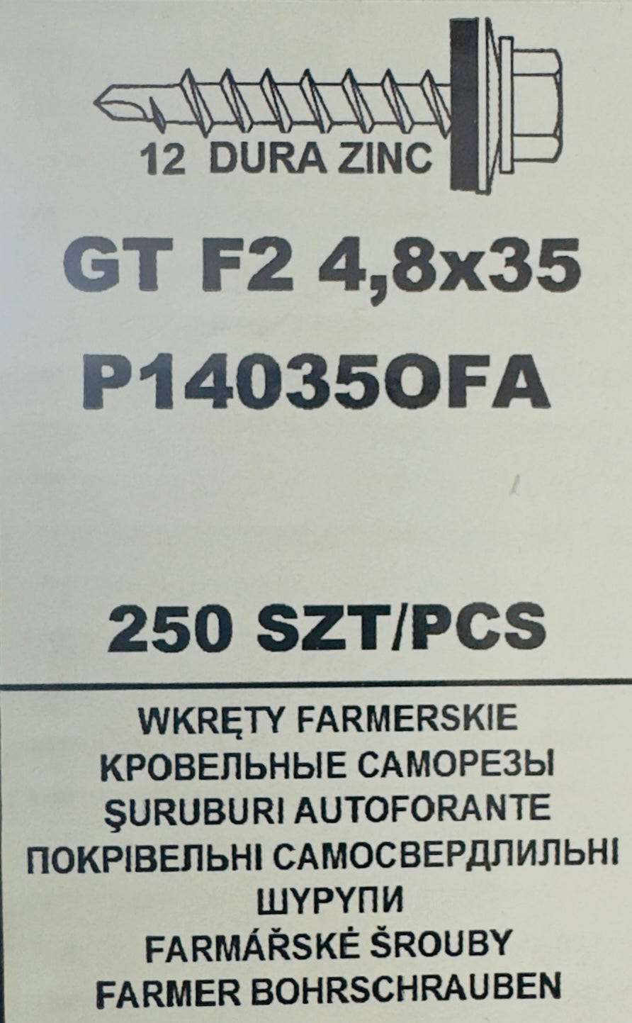 Set 250 Șuruburi autoforante pentru țiglă metalică/tablă GT F2 4,8×35 P140350FA PLACT ZINC