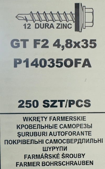 Set 250 Șuruburi autoforante pentru țiglă metalică/tablă GT F2 4,8×35 P140350FA PLACT ZINC