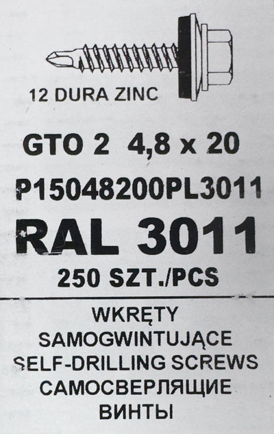 Set 250 Șuruburi autoforante pentru țiglă metalică/tablă GTO 2 4,8x20 P15048200PL3011 RAL 3011