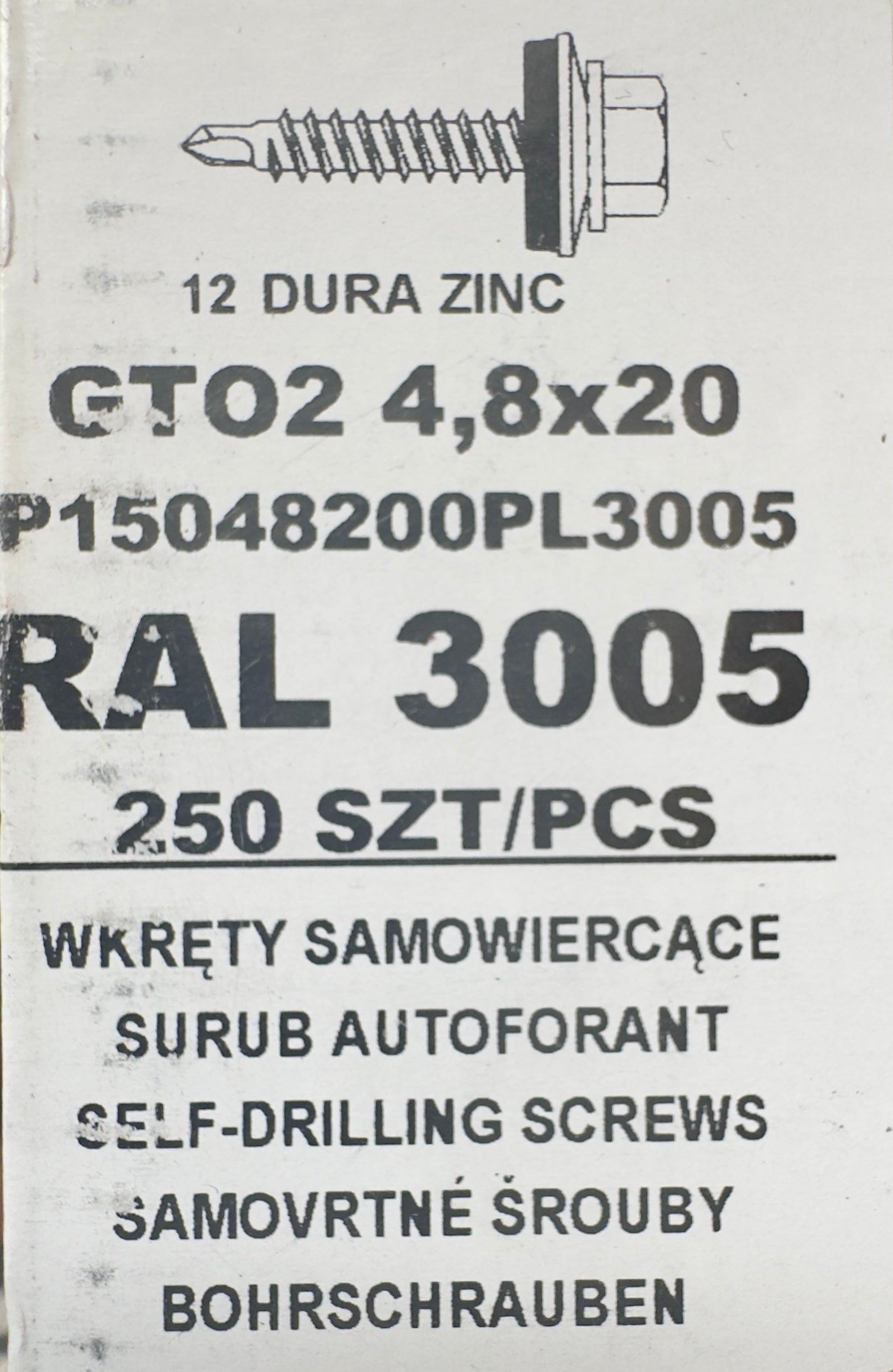 Set 250 Suruburi autoforante pentru țiglă metalică/tablă GTO2 4,8х20 P15048200PL3005 RAL 3005