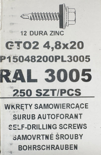 Set 250 Suruburi autoforante pentru țiglă metalică/tablă GTO2 4,8х20 P15048200PL3005 RAL 3005
