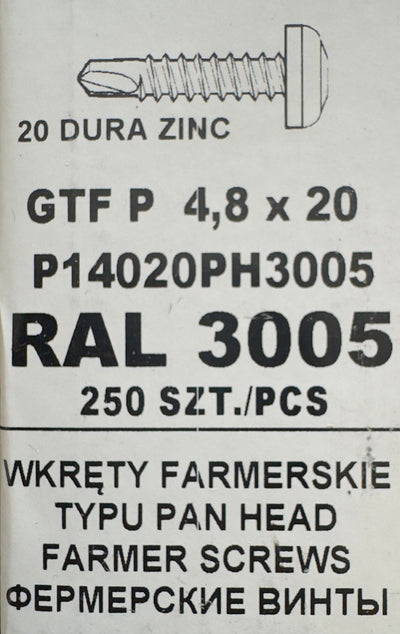 Set 250 Șuruburi autoforante pentru țiglă metalică/tablă GTF P 4,8 × 20 P14020PH3005 RAL 3005
