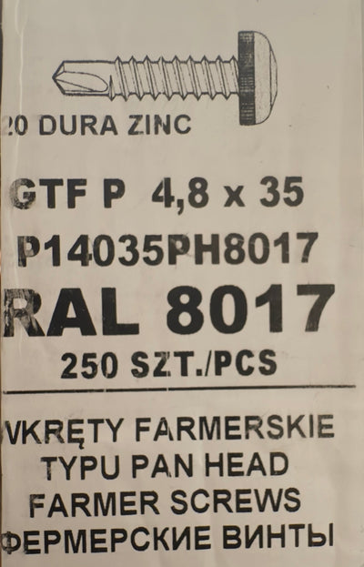 Set 250 Șuruburi autoforante pentru țiglă metalică/tablă GTF P 4,8 × 35 P14035PH8017 RAL 8017