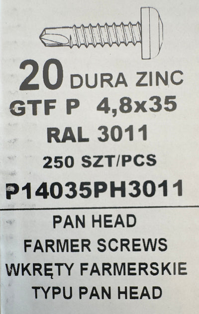 Set 250 Șuruburi autoforante pentru țiglă metalică/tablă GTF P 4,8×35 RAL 3011  P14035PH3011