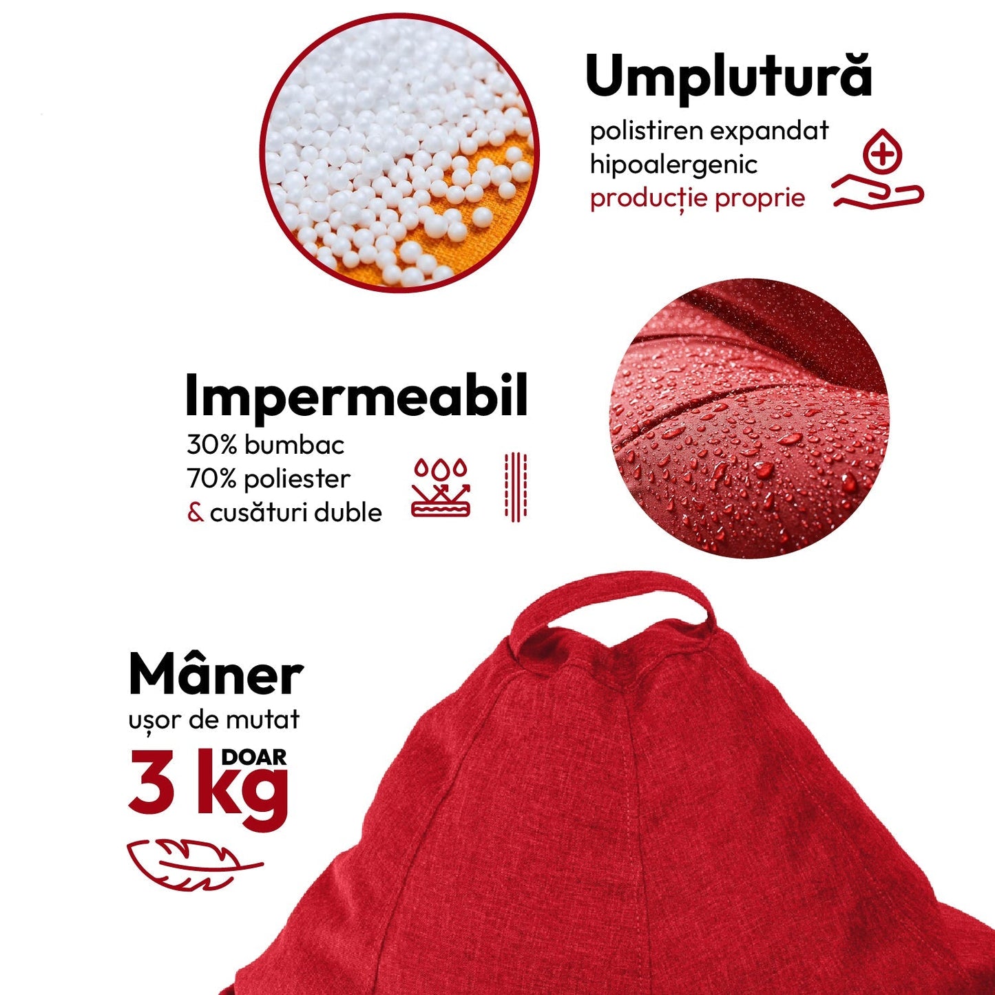 Fotoliu puf, tip pară, Roșu, umplut cu perle din polistiren, utilizabil în interior/exterior, husă detașabilă, Bean Bag Montana