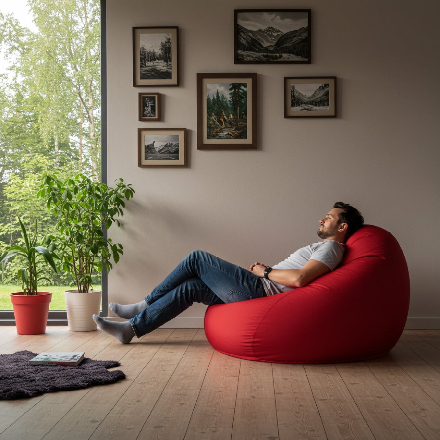 Fotoliu puf, tip pară, Roșu, umplut cu perle din polistiren, utilizabil în interior/exterior, husă detașabilă, Bean Bag Montana