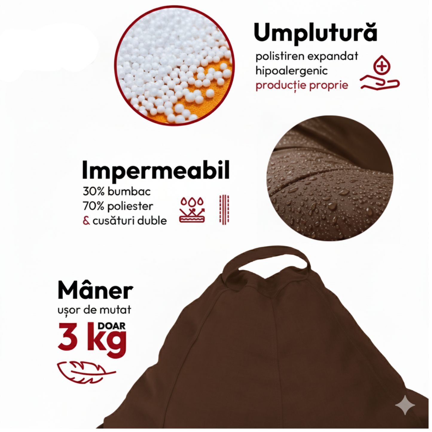 Fotoliu puf, tip pară, maro, umplut cu perle din polistiren, utilizabil în interior/exterior, husă detașabilă, Bean Bag Montana