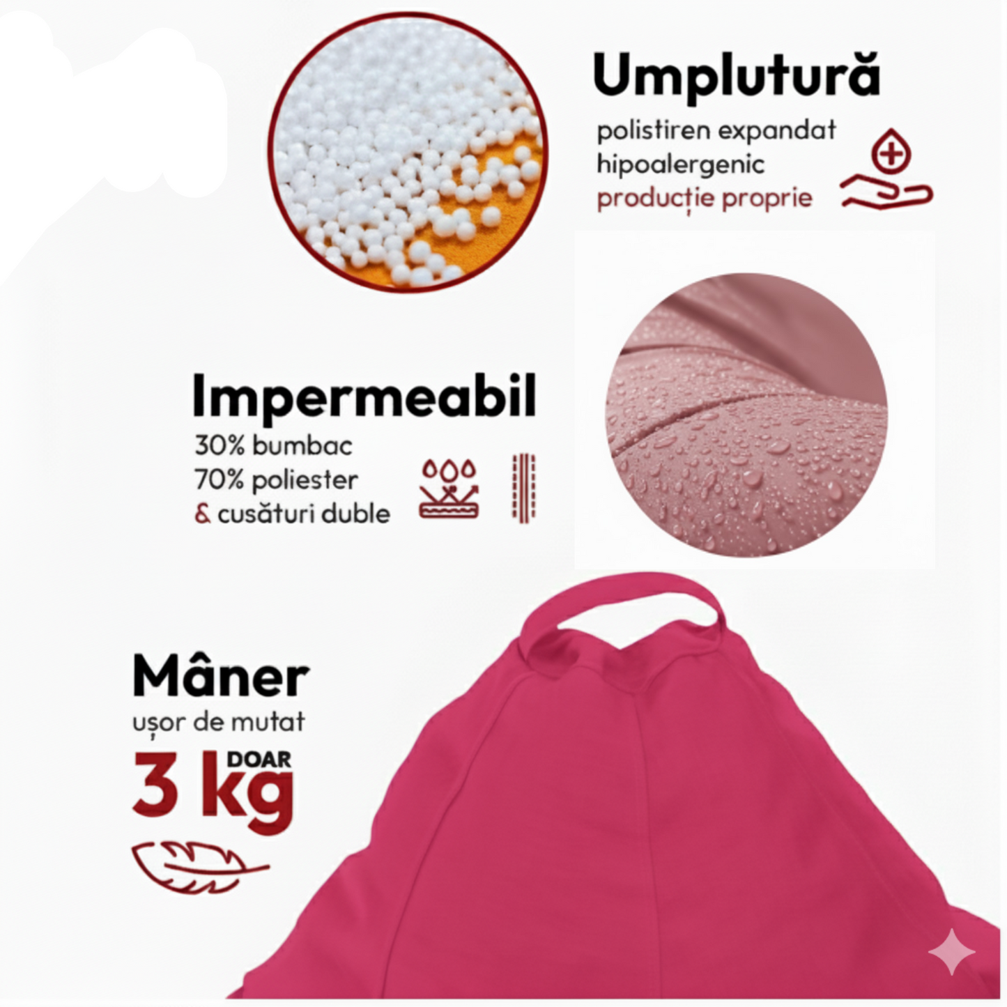 Fotoliu puf, tip pară, Roz, umplut cu perle din polistiren, utilizabil în interior/exterior, husă detașabilă, Bean Bag Montana