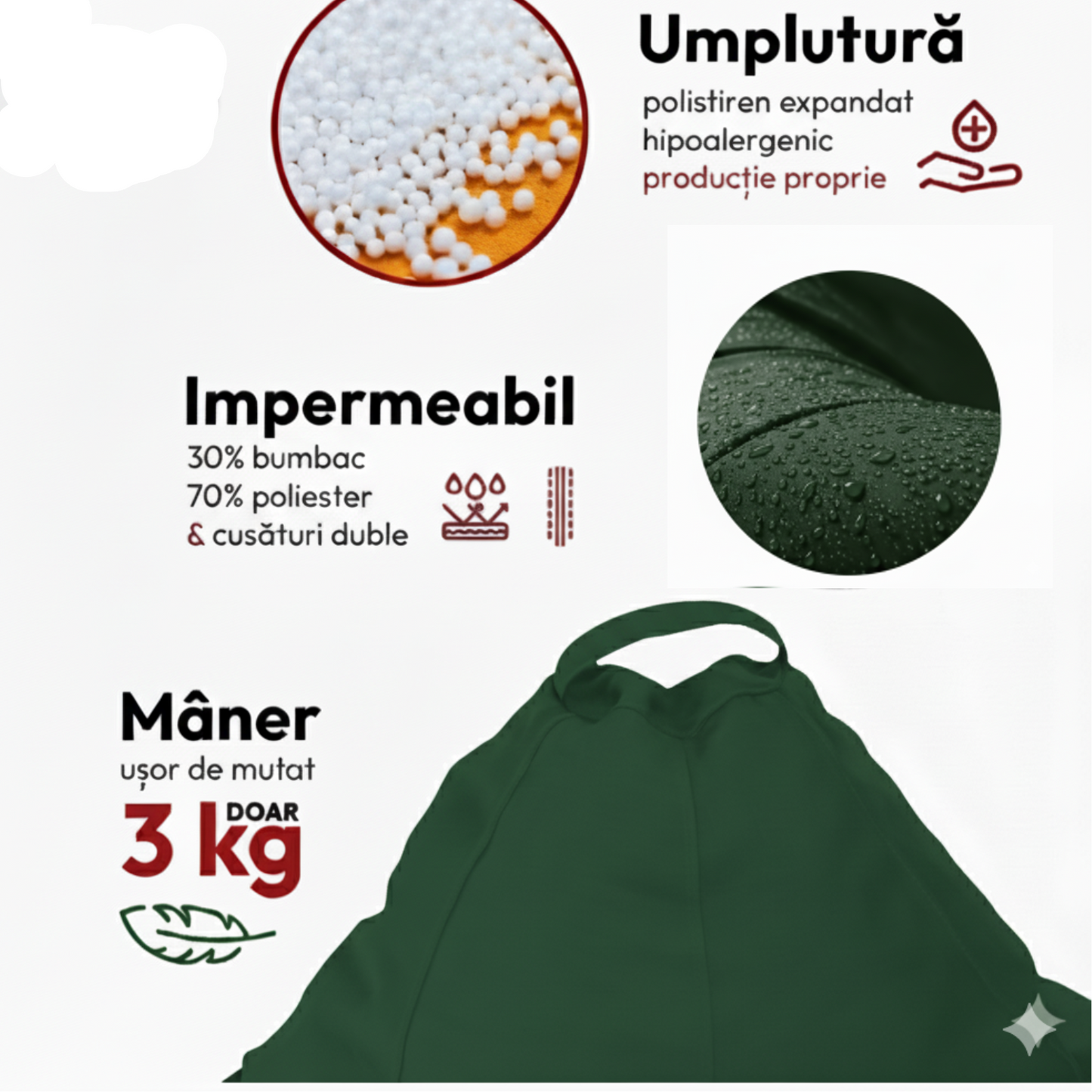 Fotoliu puf, tip pară, verde închis, umplut cu perle din polistiren, husă detașabilă, Bean Bag Montana
