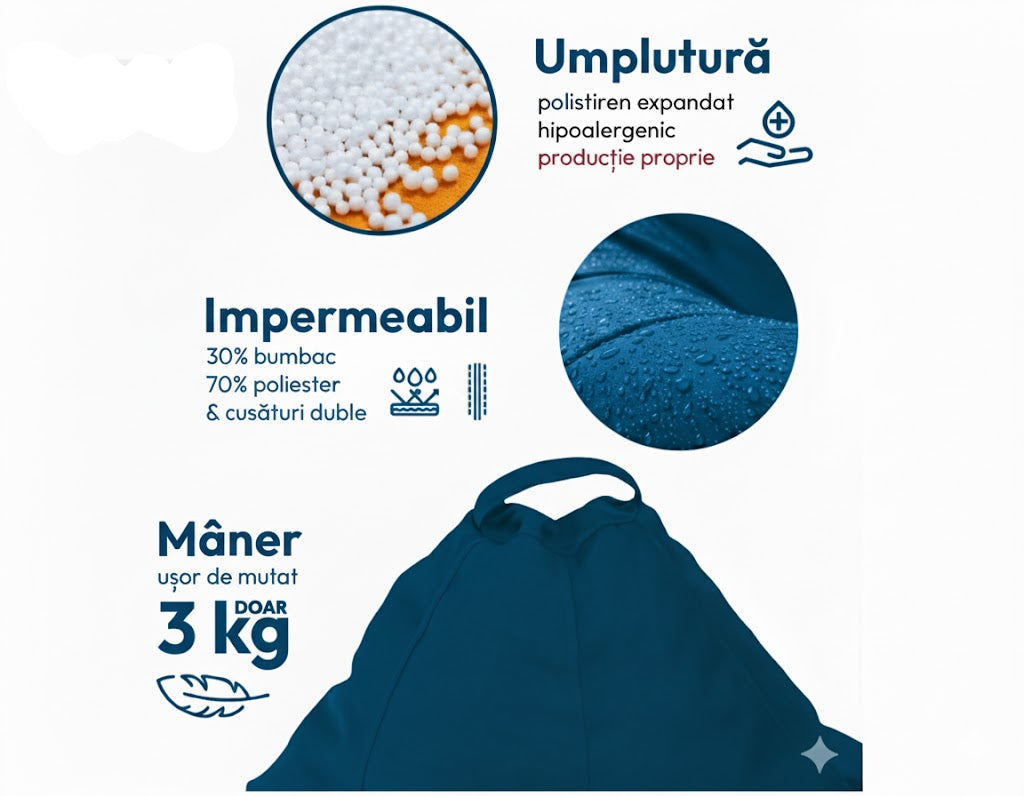 Fotoliu puf, tip pară, albastru deschis, umplut cu perle din polistiren, husă detașabilă, Bean Bag Montana
