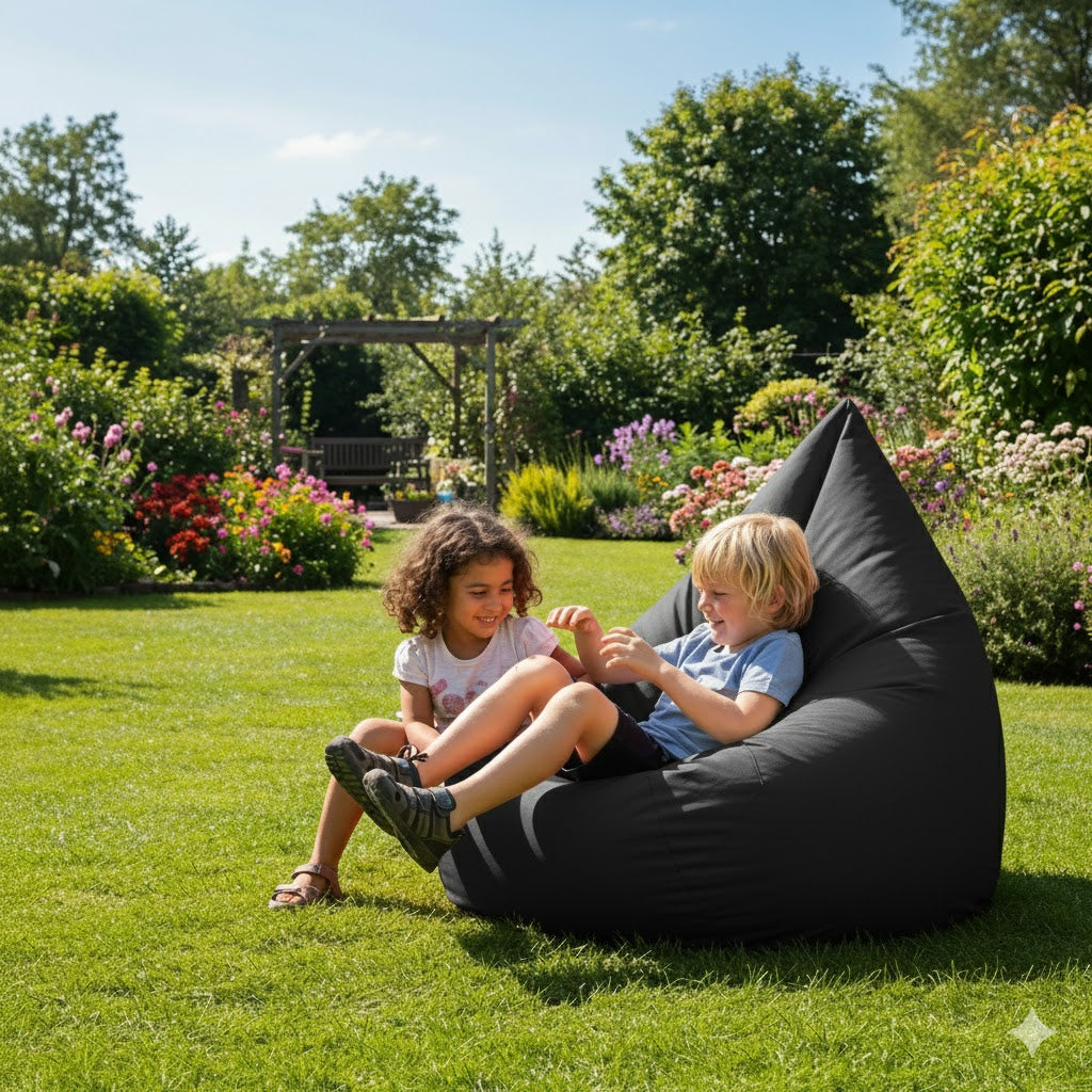 Fotoliu puf, tip pară, negru, umplut cu perle din polistiren, utilizabil în interior/exterior, husă detașabilă, Bean Bag Montana