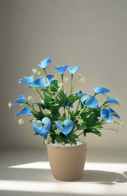 Flori de lotus artificiale , albastre și albe, în formă de inimă – Verdeață realistă din plastic pentru interior/exterior, cu flori, ghiveci și piatră